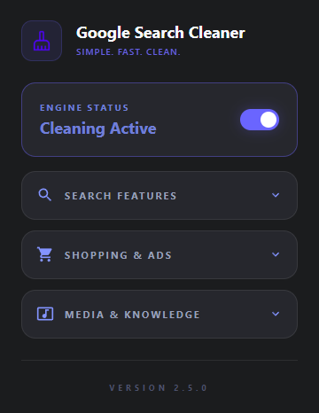 Search Cleaner extension popup showing filter toggles