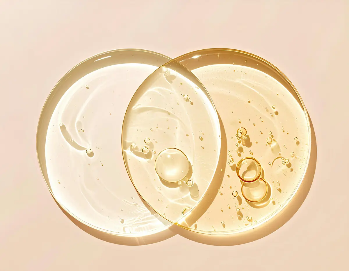 Two drops of golden liquid overlapping on a pale background