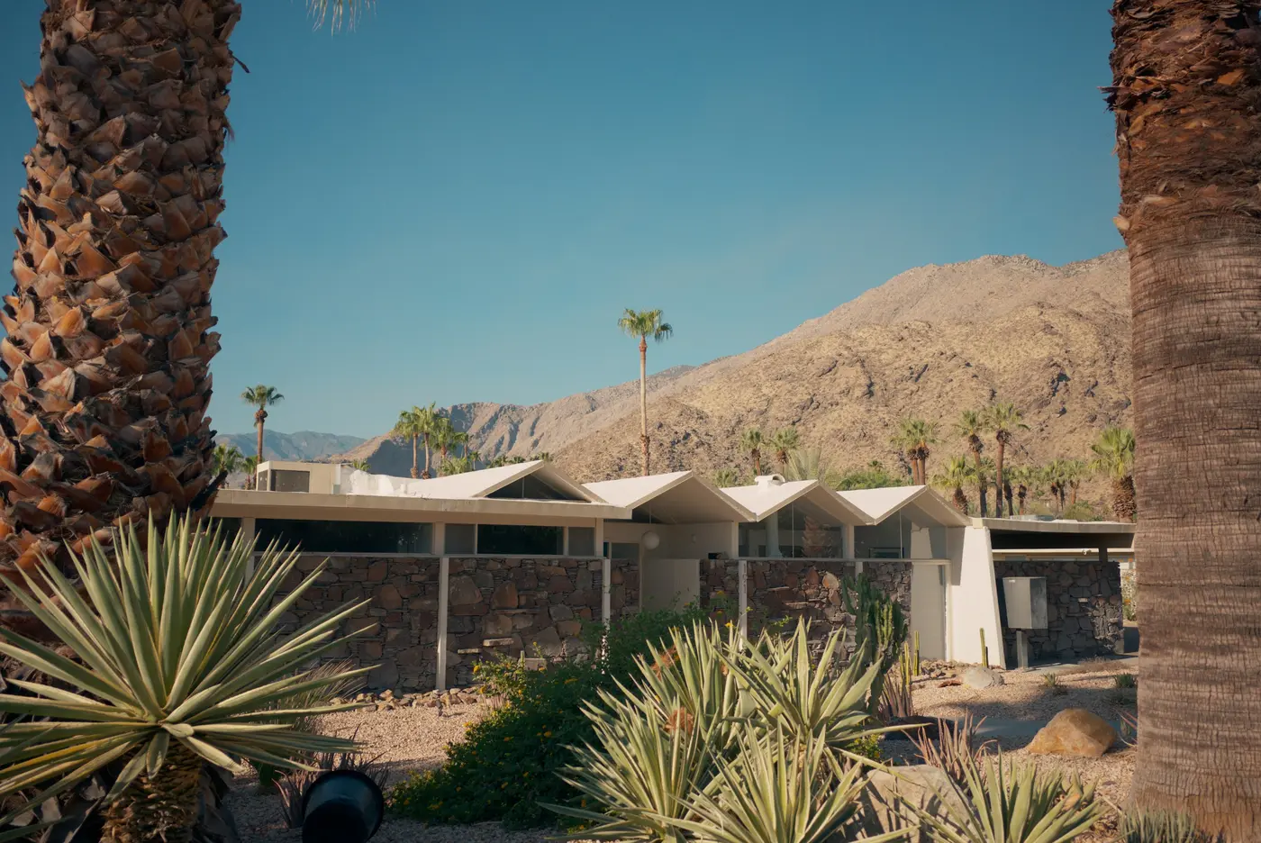 A row of butterfly-roof houses under the mountain in Palm Springs