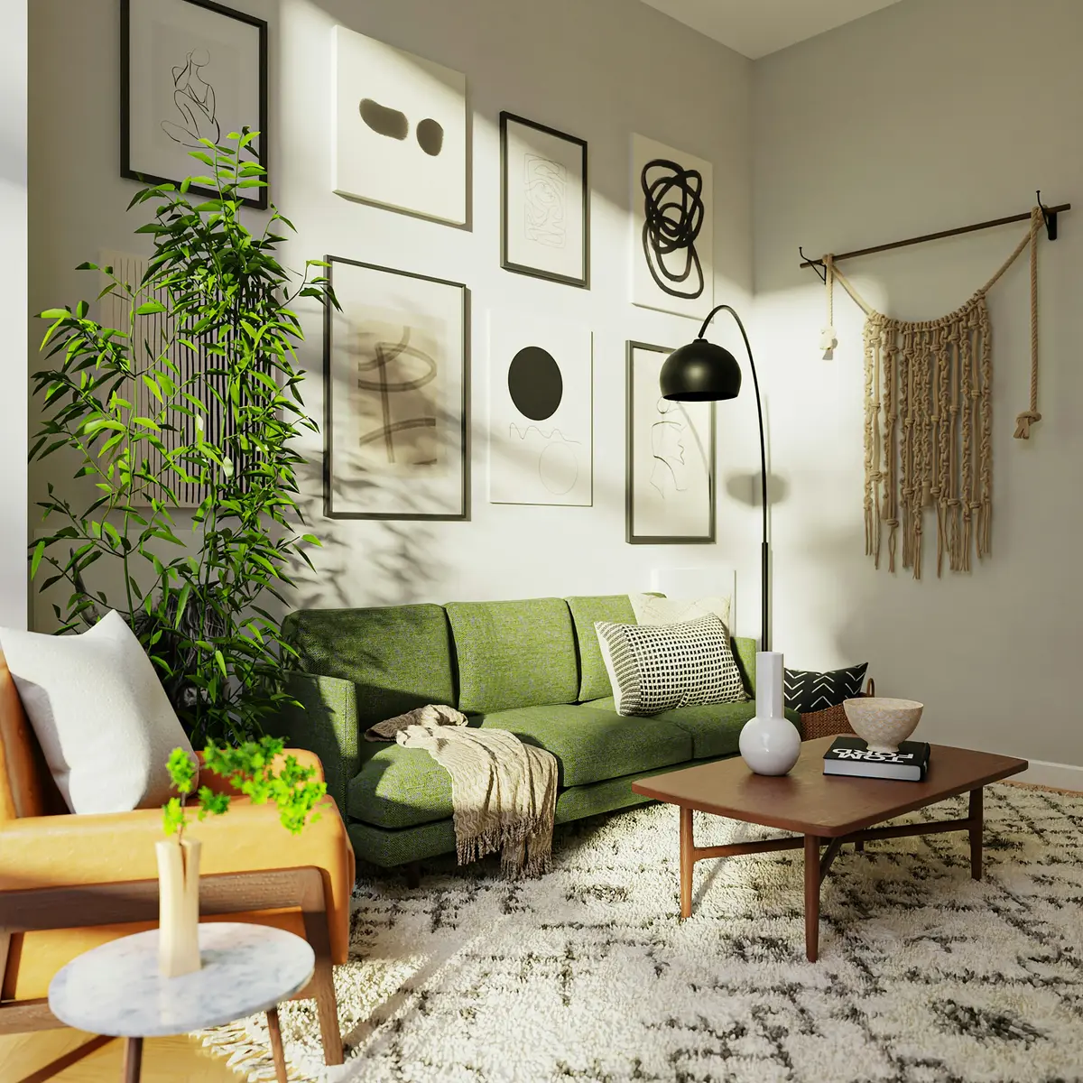 A green sofa against a gallery wall