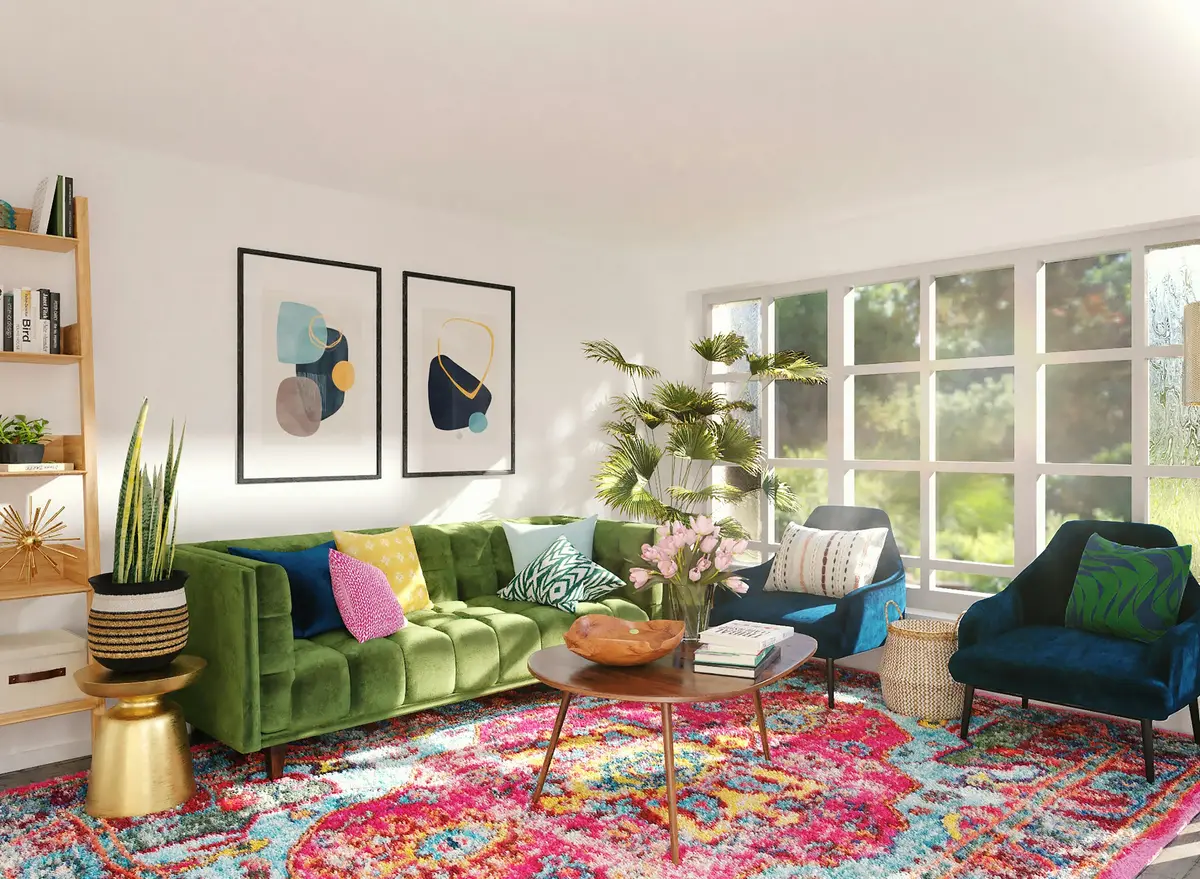 Living room with a green sofa and a bright patterned rug