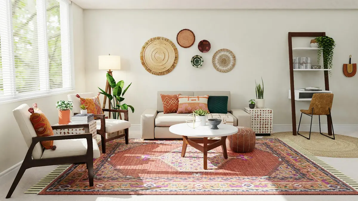 Living room with a patterned rug and woven baskets on the wall