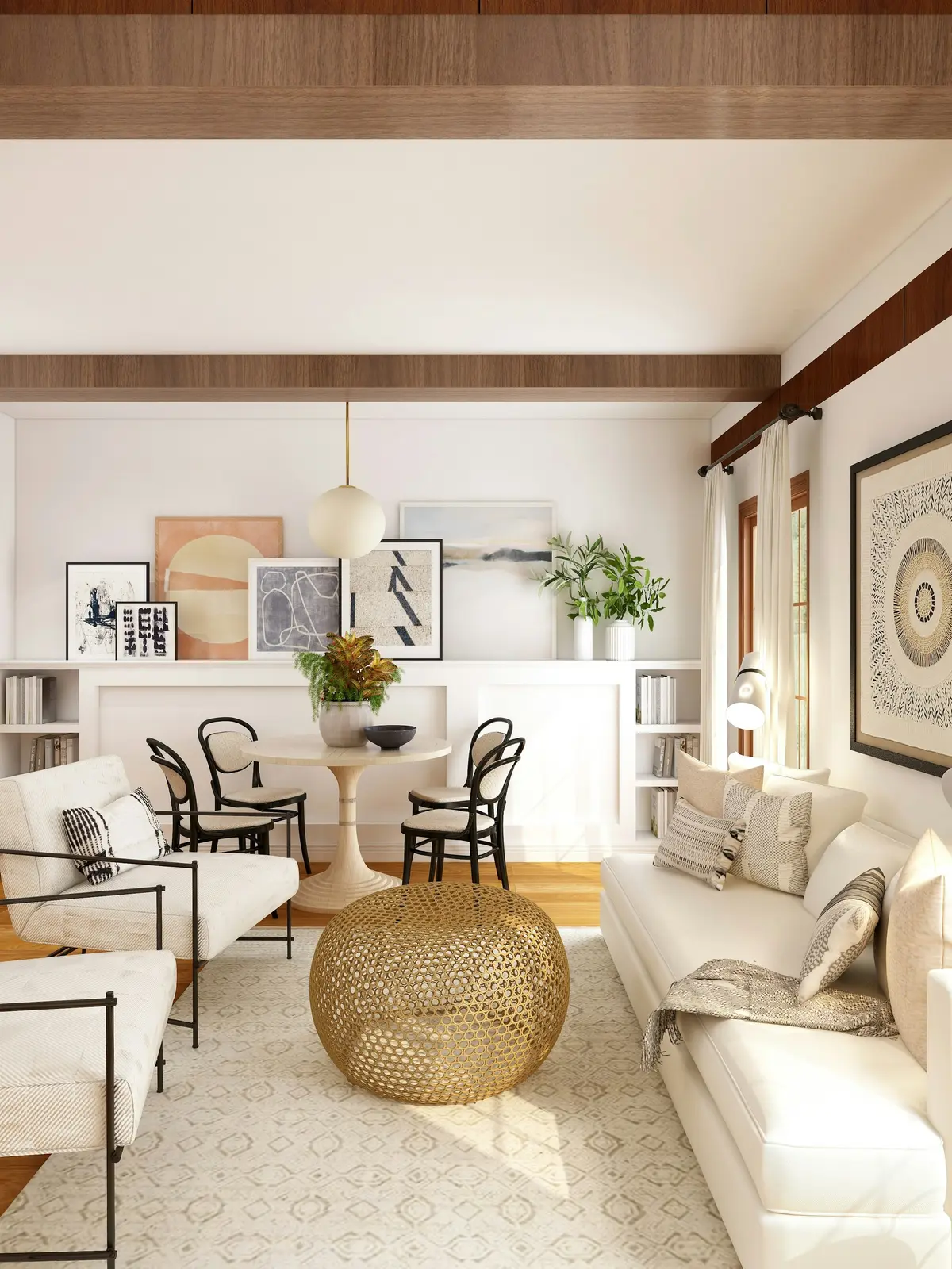 A bright white living and dining room