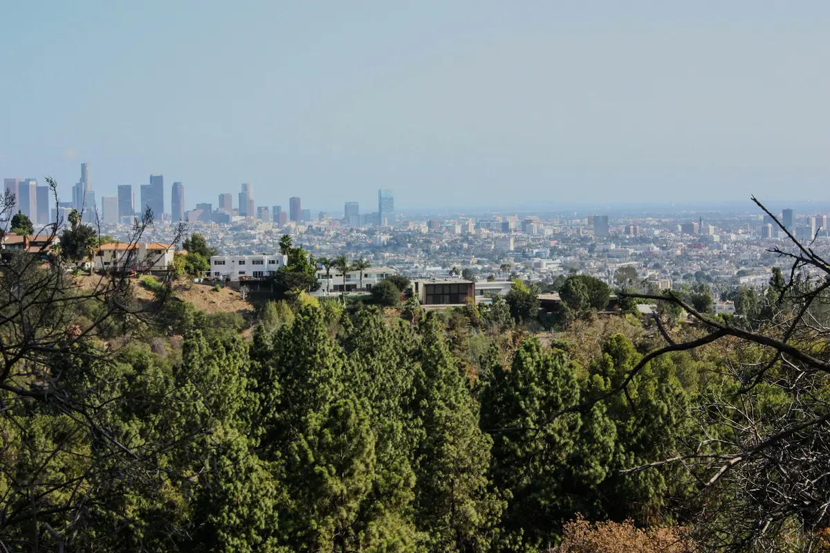 The view from the terrace across green hills to downtown