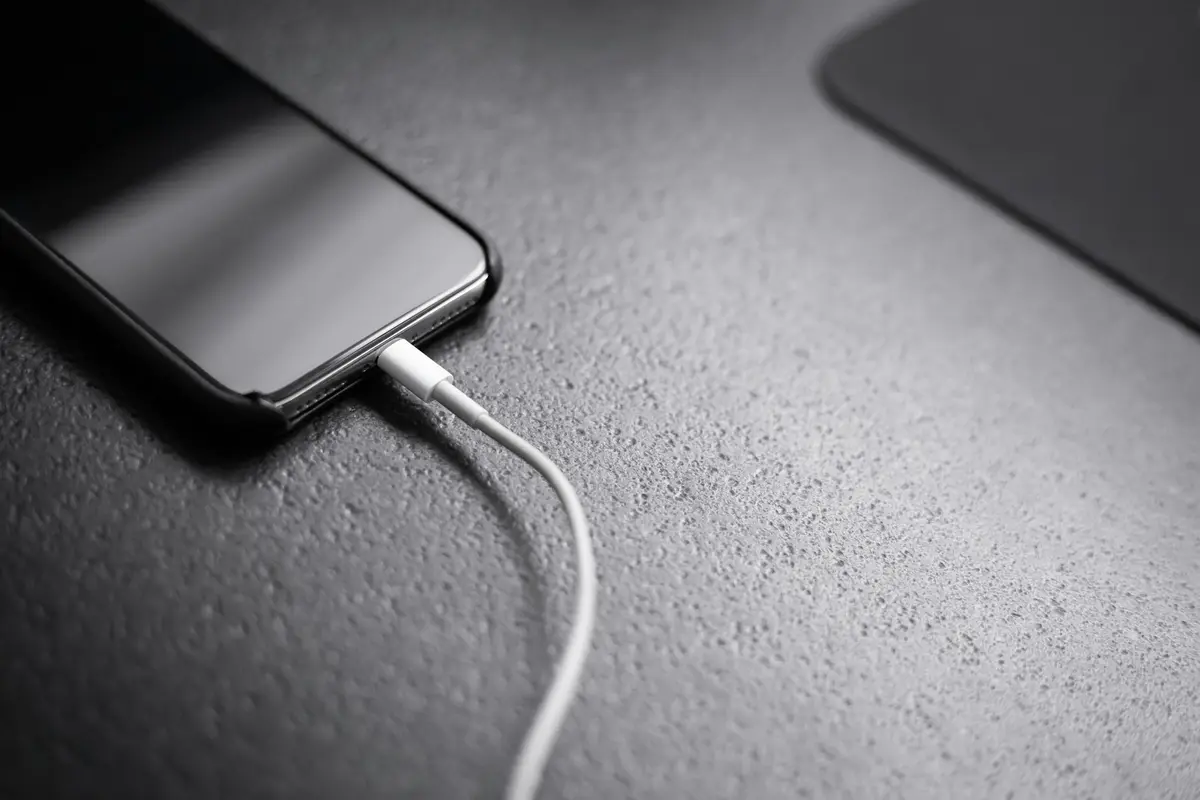 A phone charging from a white USB-C cable on a grey desk