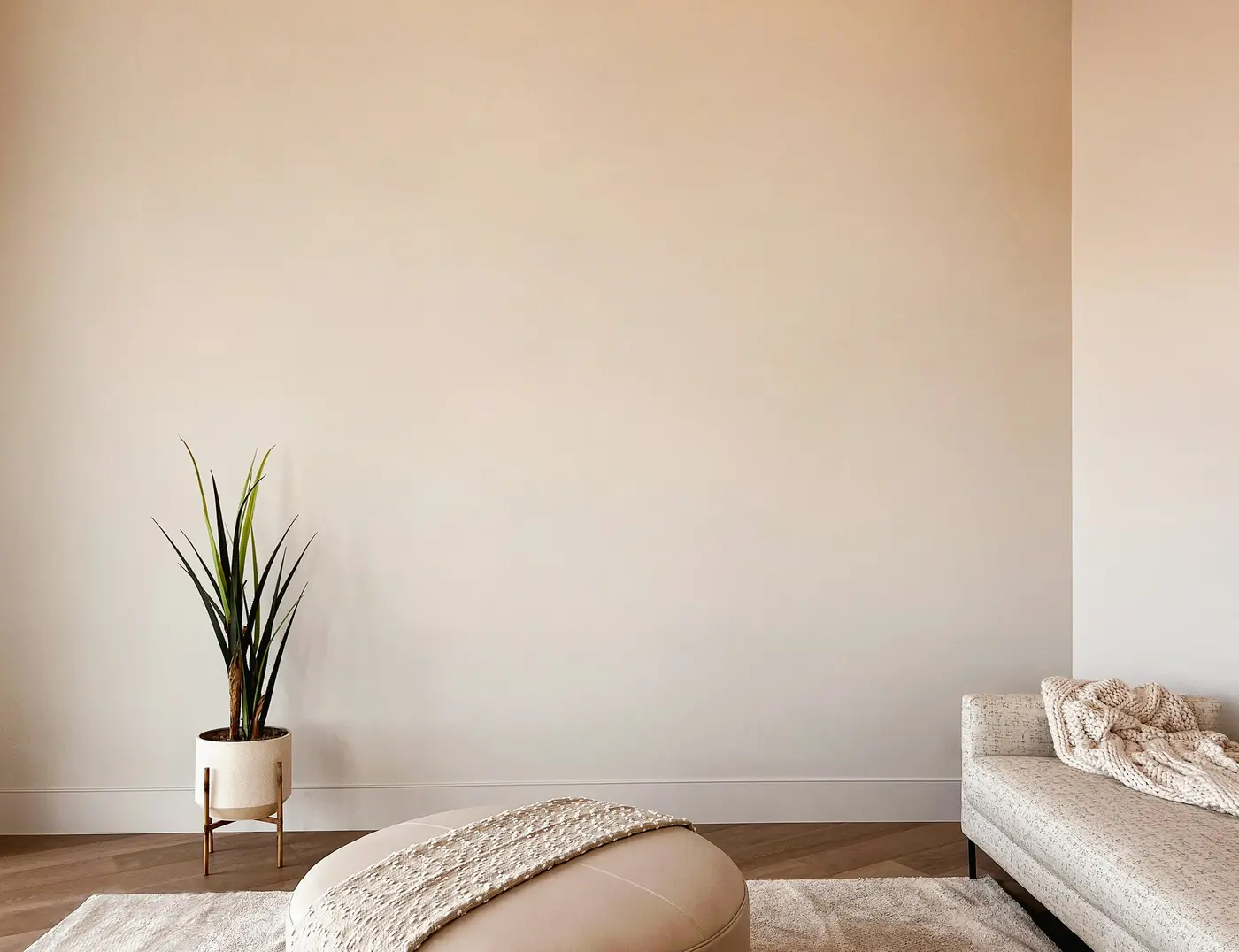 A bare living room wall with a tall plant, an ottoman and the end of a sofa