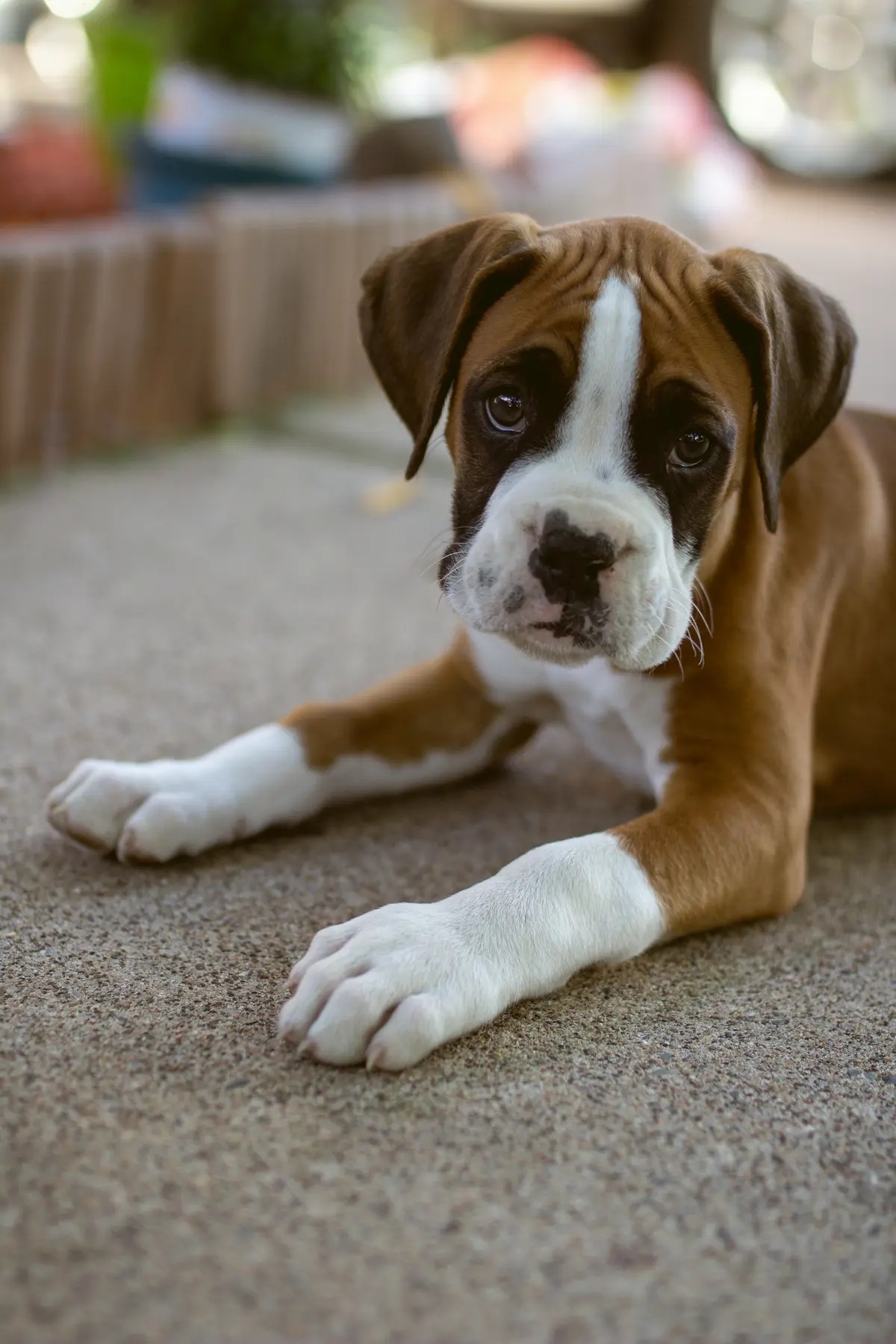 A boxer puppy lying on a rug