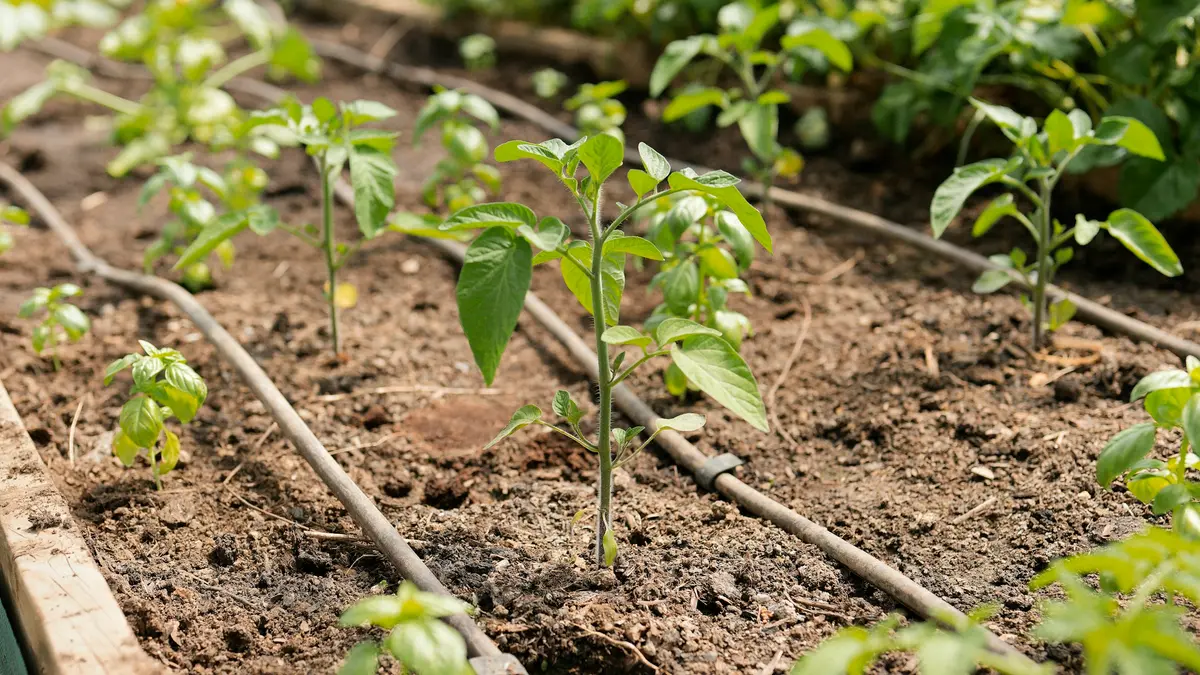 Drip line running between young plants in a garden bed