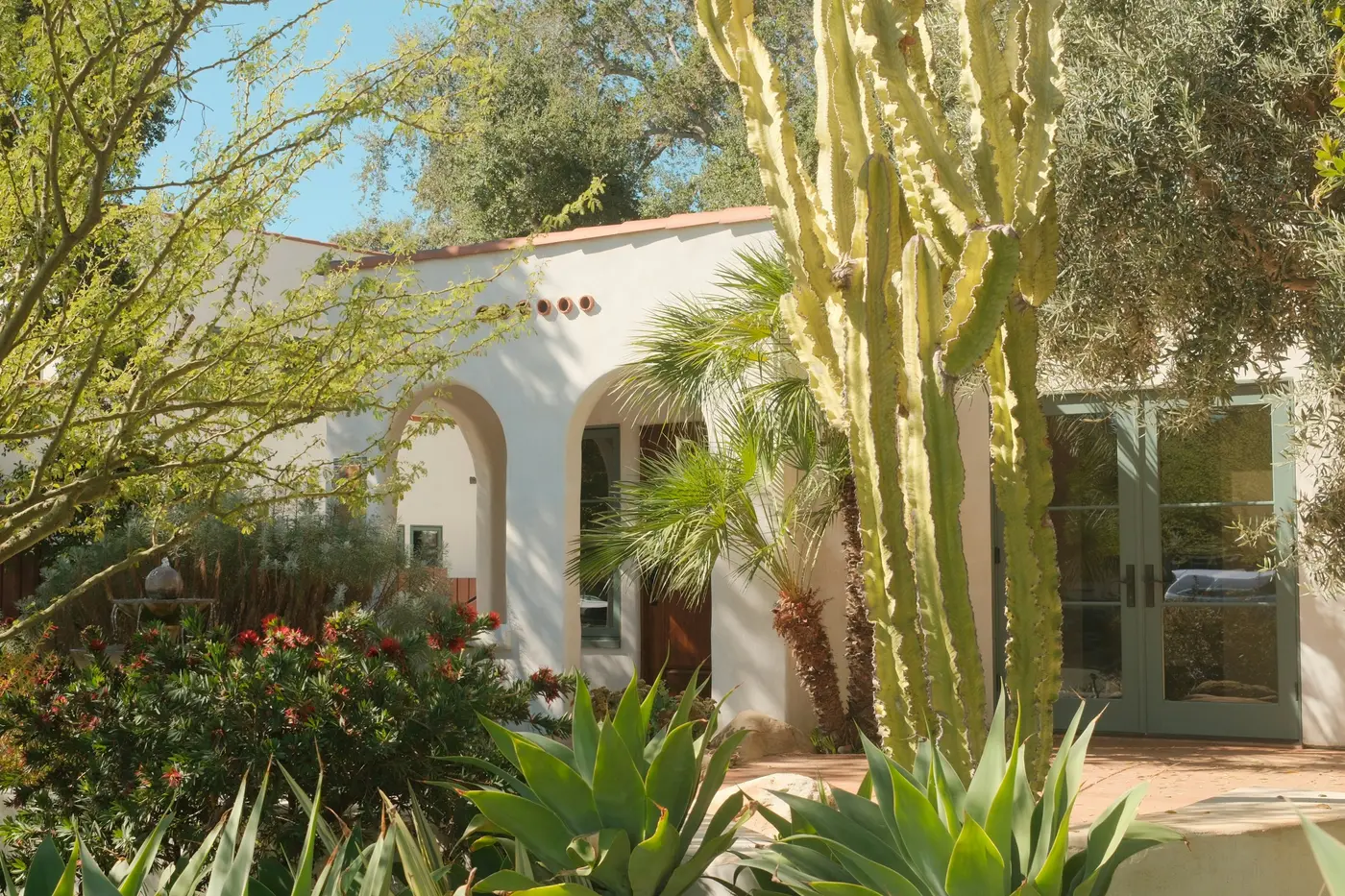 A white Spanish-style house behind a garden of agaves, a tall cactus, a palm and red-flowering shrubs