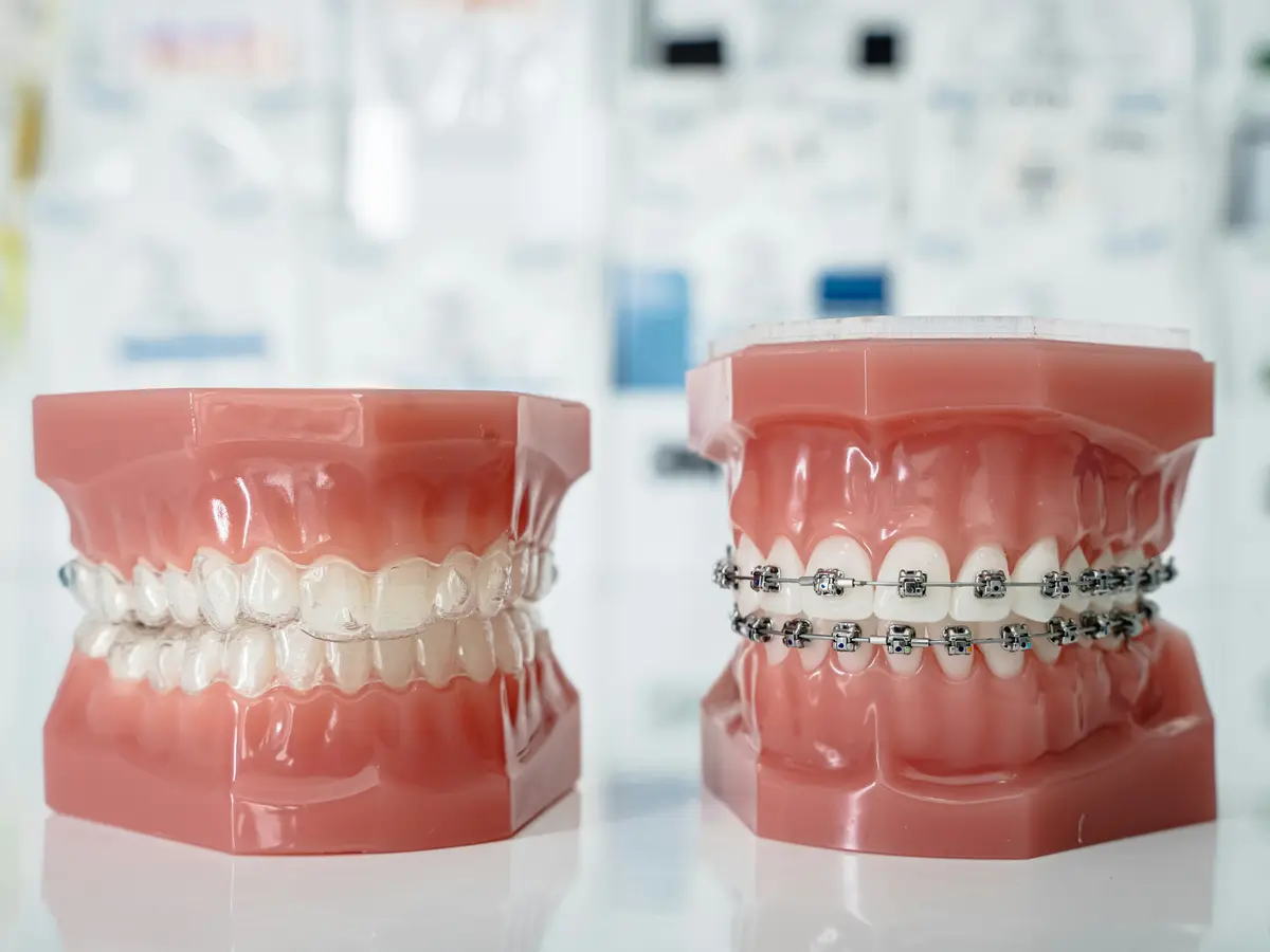 Two teeth models side by side, one with tooth-colored clear braces and one with metal braces
