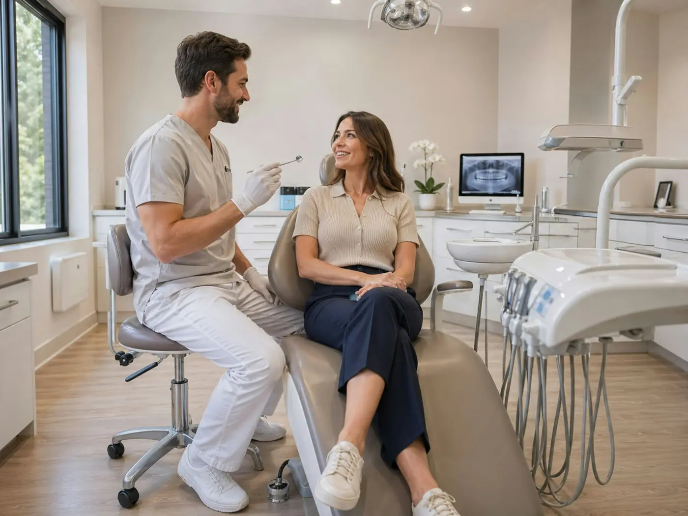 An orthodontist talking with a patient in the chair