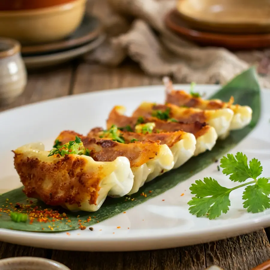 Pan-fried gyoza with cilantro on a white plate