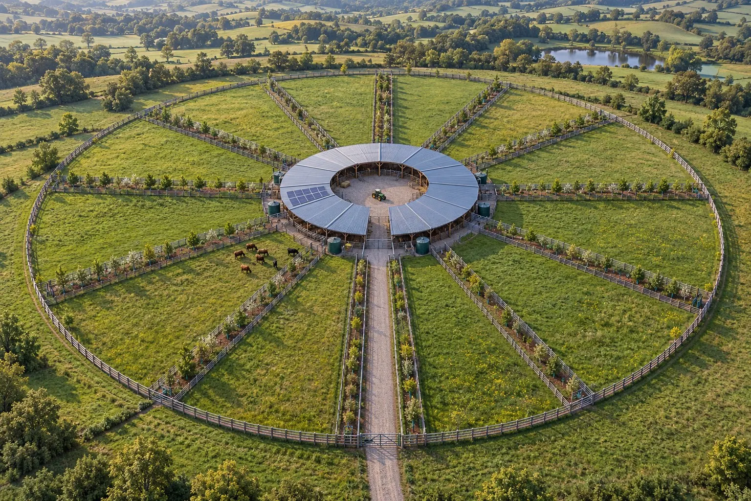 Concept picture from above: twelve pie-slice pastures, rows of fruit trees between them and a round barn in the middle