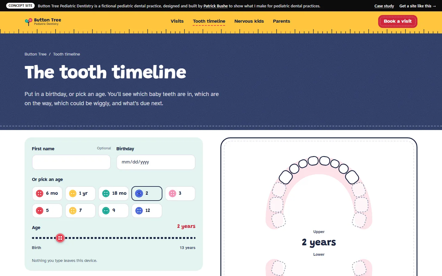 Button Tree Pediatric Dentistry: Tooth timeline on a desktop screen
