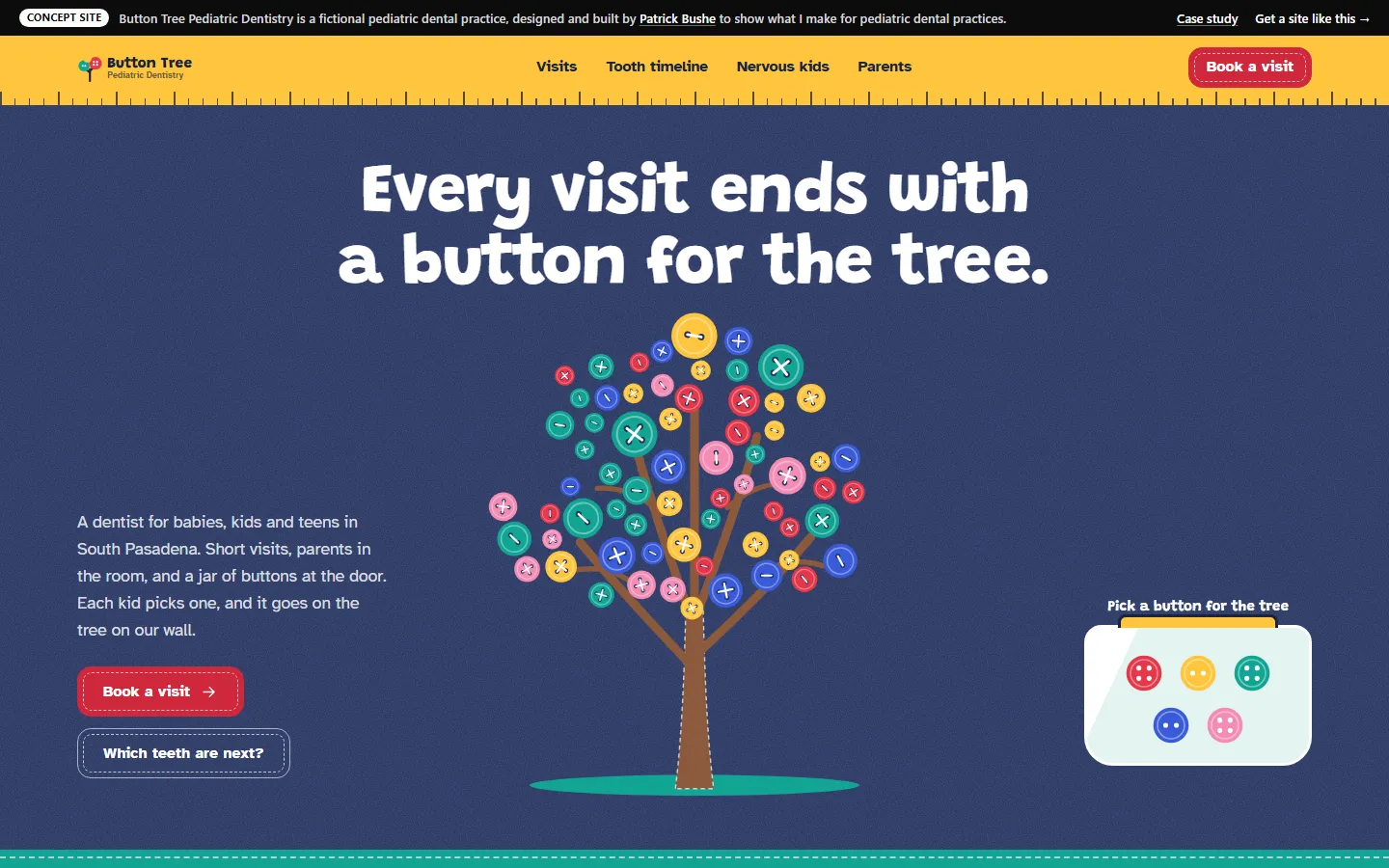 Button Tree Pediatric Dentistry home page on a desktop screen