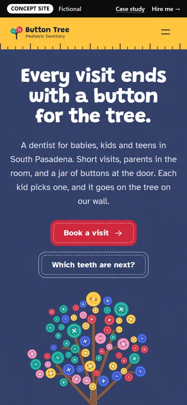 Button Tree Pediatric Dentistry home page on a phone