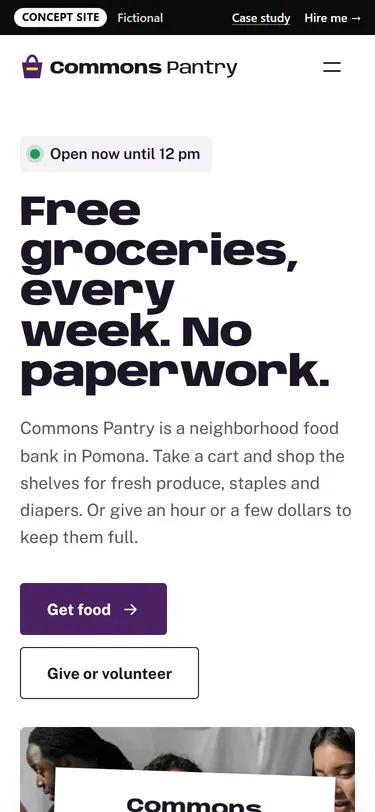 Commons Pantry home page on a phone