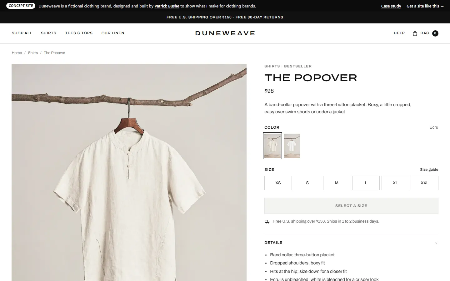 Duneweave: Product page on a desktop screen