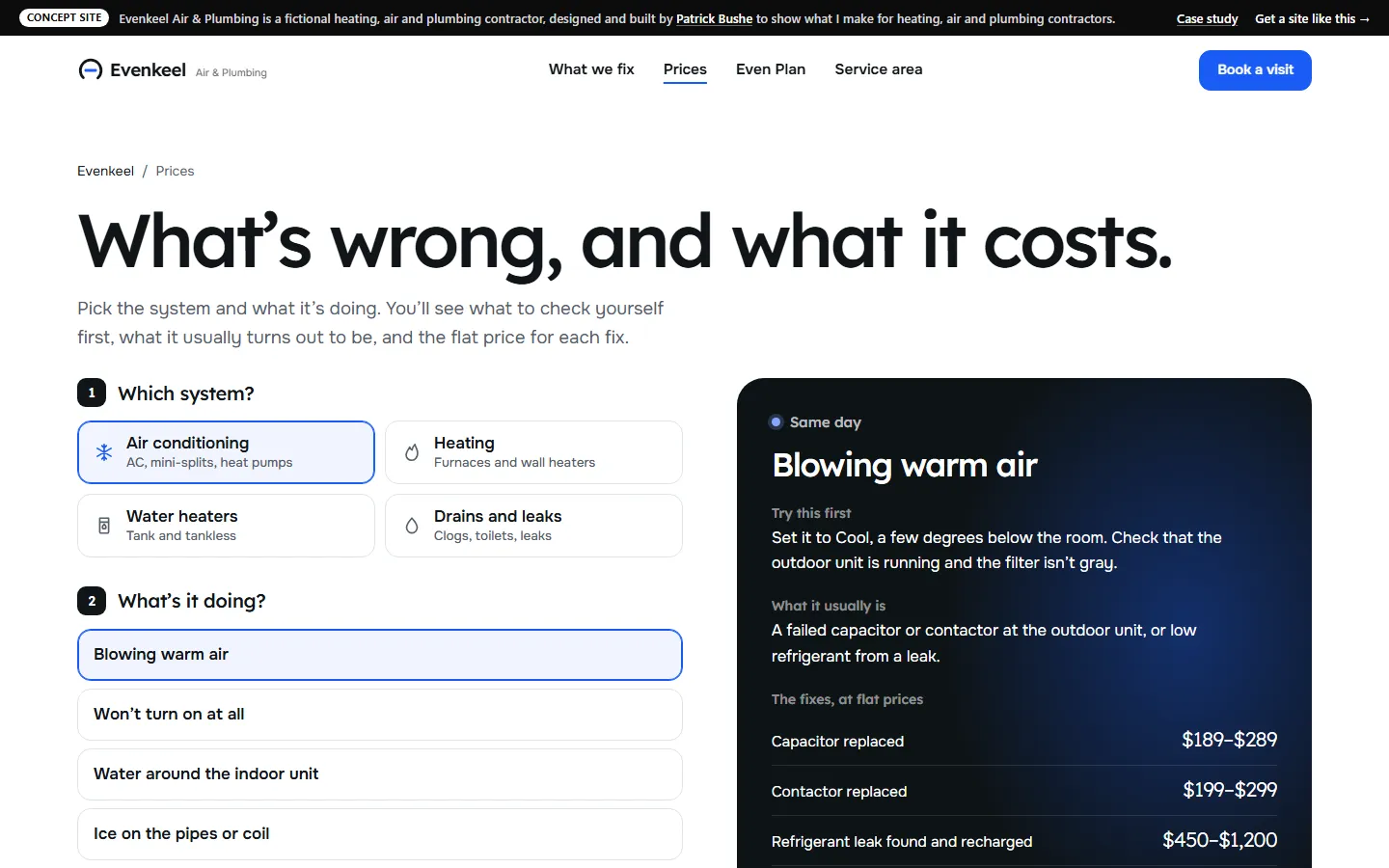 Evenkeel Air & Plumbing: Troubleshooter and price book on a desktop screen