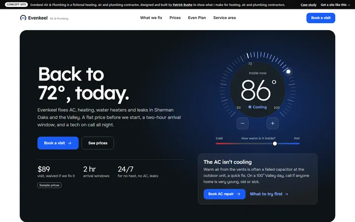 Evenkeel Air & Plumbing concept site, home page