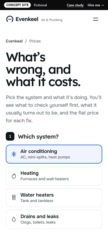 Evenkeel Air & Plumbing: Troubleshooter and price book on a phone