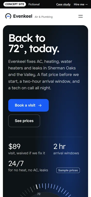 Evenkeel Air & Plumbing home page on a phone