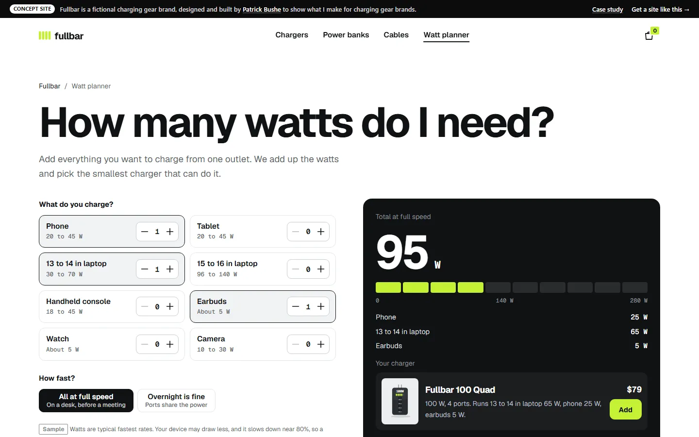 Fullbar: Watt planner on a desktop screen