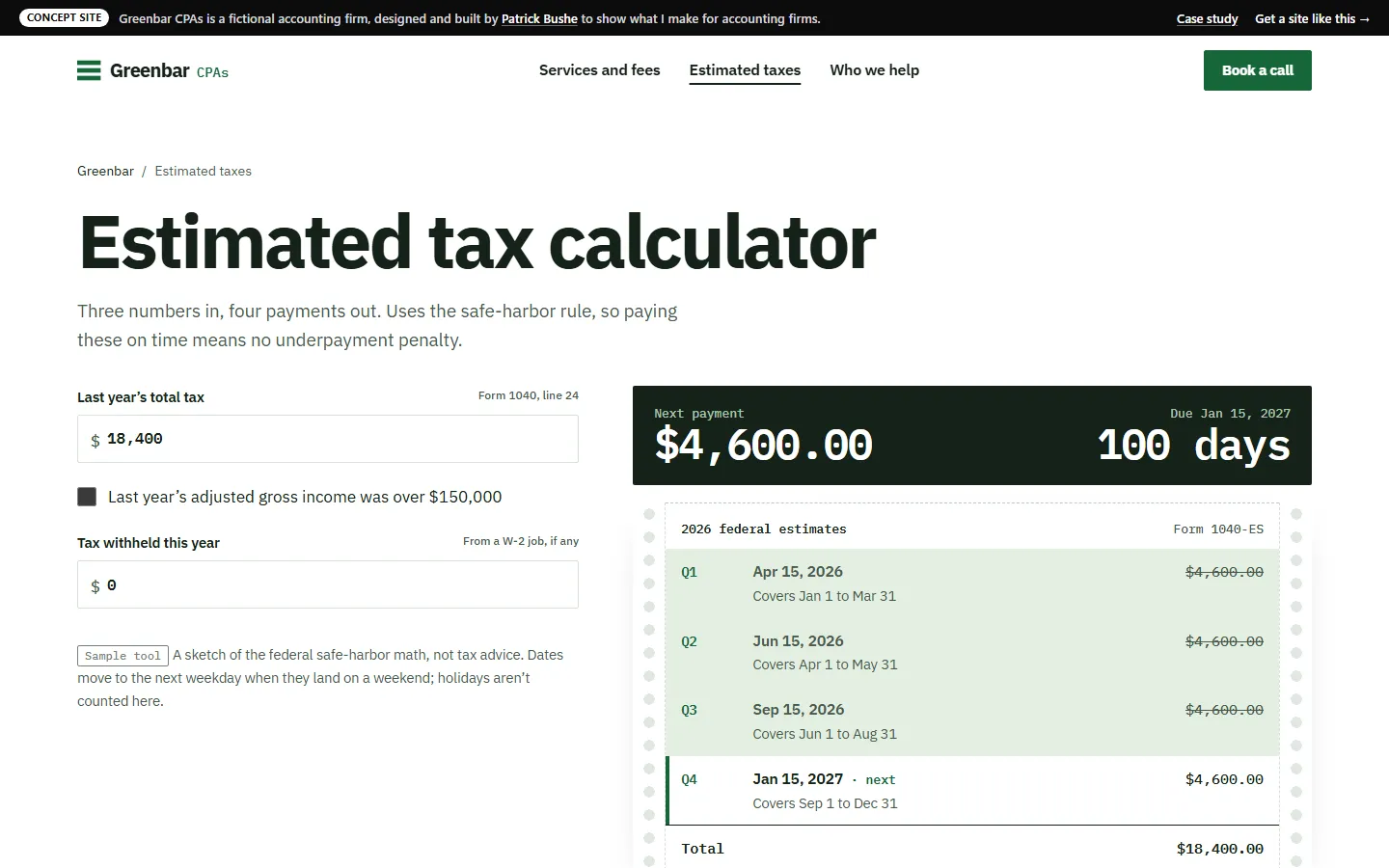Greenbar CPAs: Estimated tax calculator on a desktop screen
