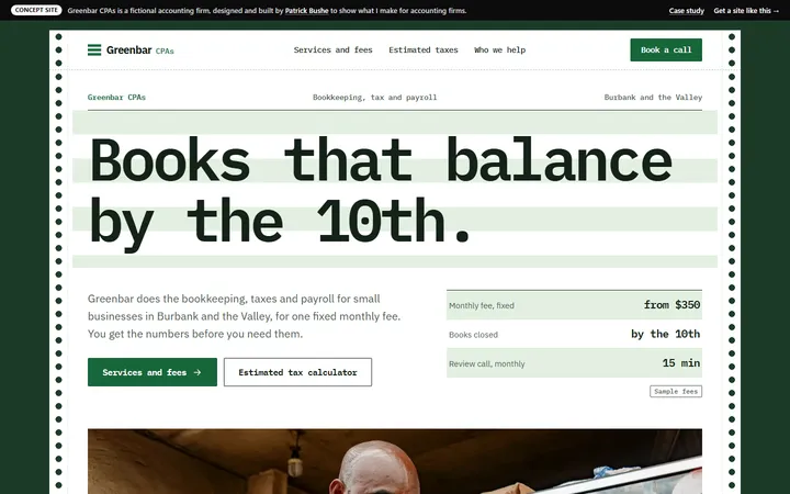 Greenbar CPAs concept site, home page