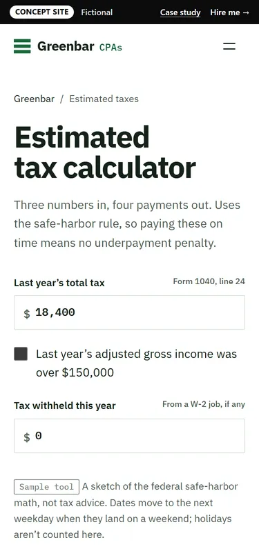 Greenbar CPAs: Estimated tax calculator on a phone