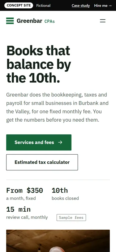 Greenbar CPAs home page on a phone