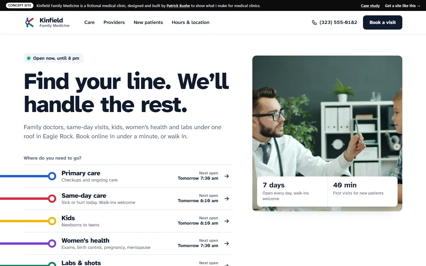 Kinfield Family Medicine home page on a desktop screen