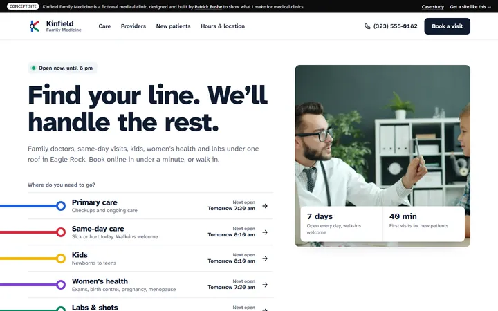 Kinfield Family Medicine concept site, home page