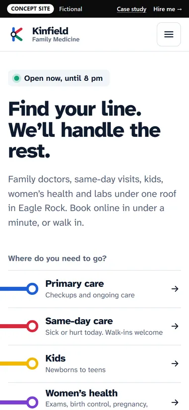 Kinfield Family Medicine home page on a phone