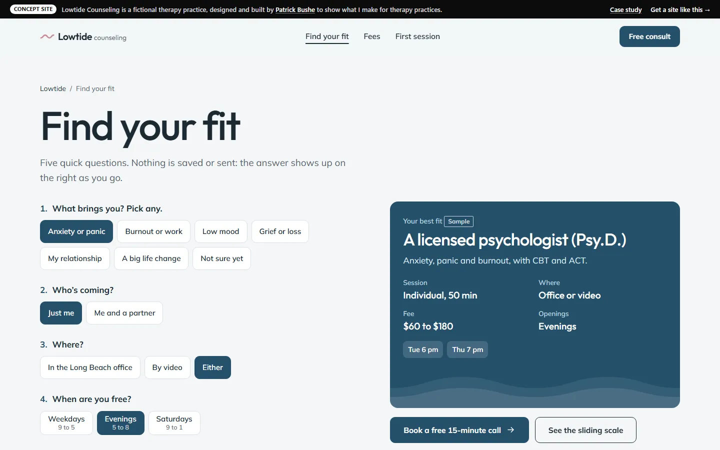 Lowtide Counseling: Find your fit on a desktop screen