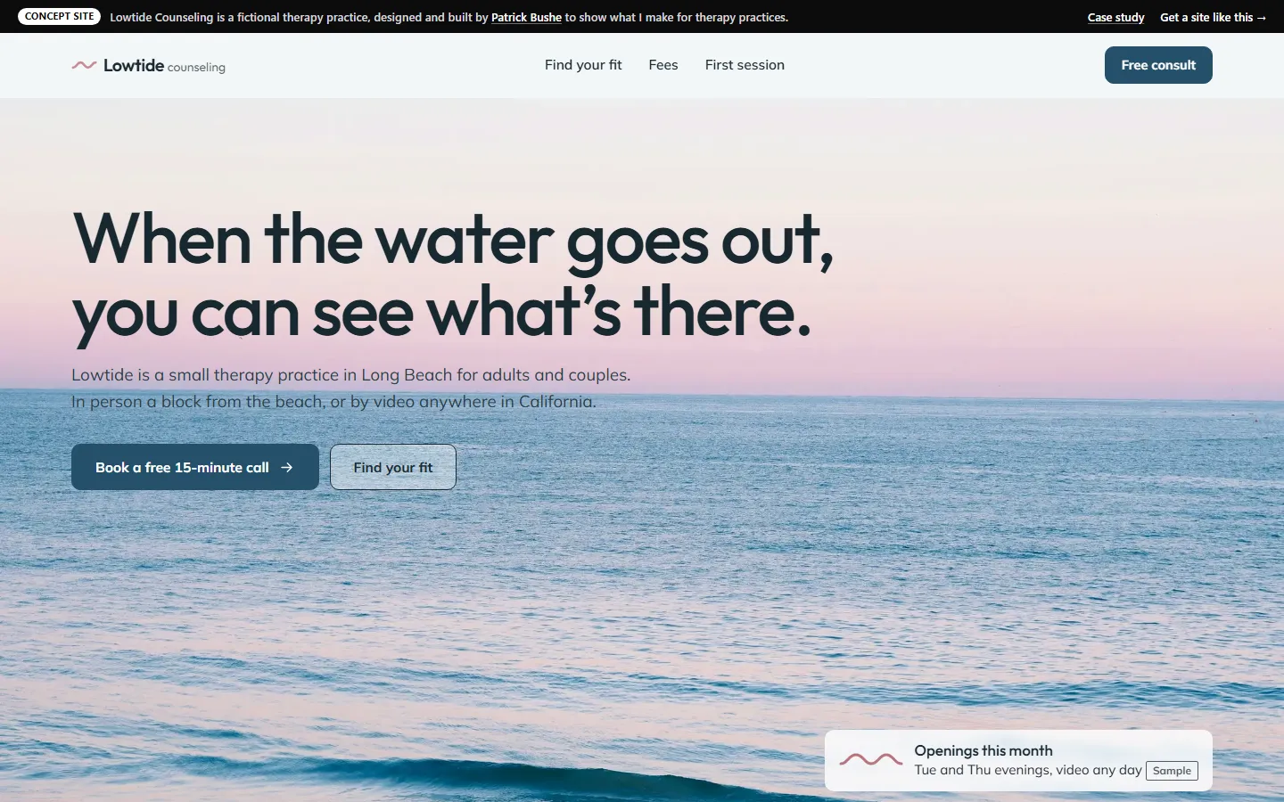 Lowtide Counseling home page on a desktop screen