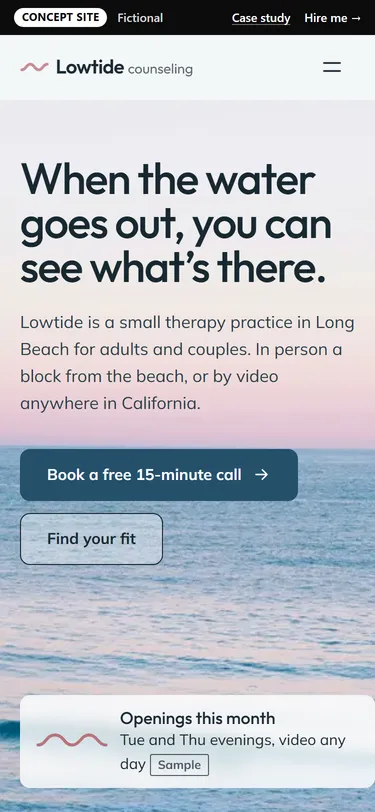 Lowtide Counseling home page on a phone
