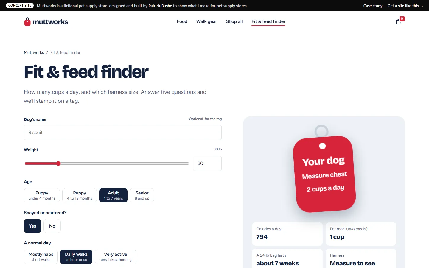 Muttworks: Fit and feed finder on a desktop screen