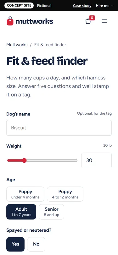 Muttworks: Fit and feed finder on a phone