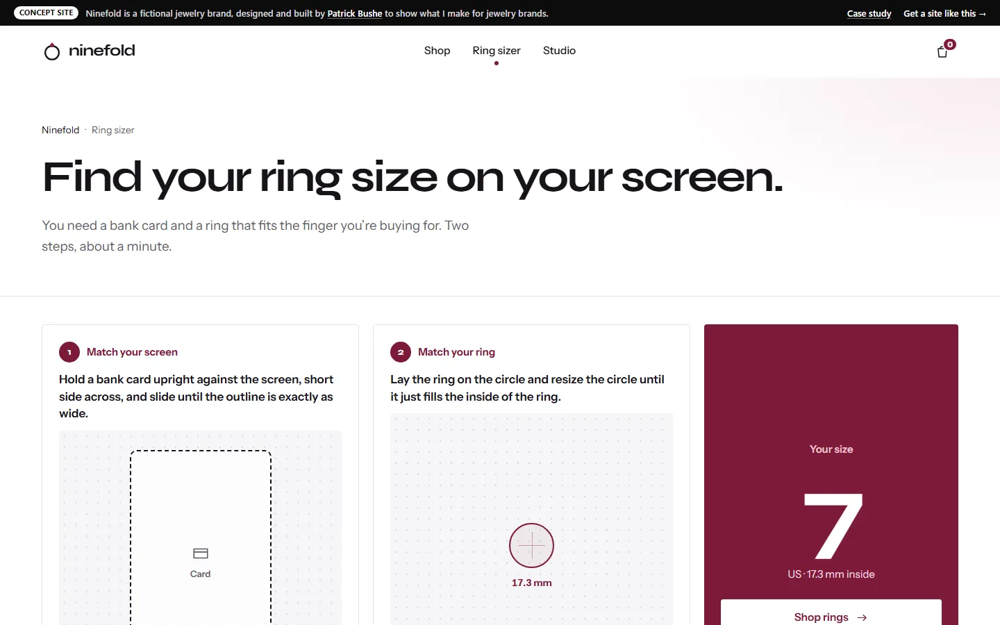 Ninefold: Ring sizer on a desktop screen