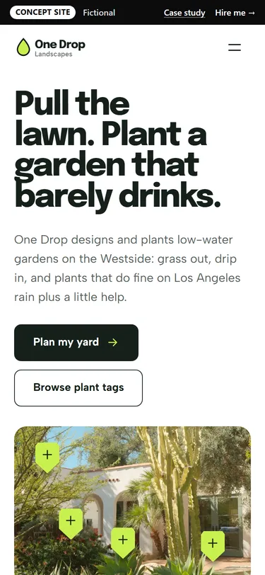 One Drop Landscapes home page on a phone
