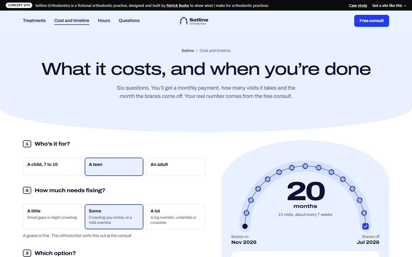 Setline Orthodontics: Cost and timeline planner on a desktop screen