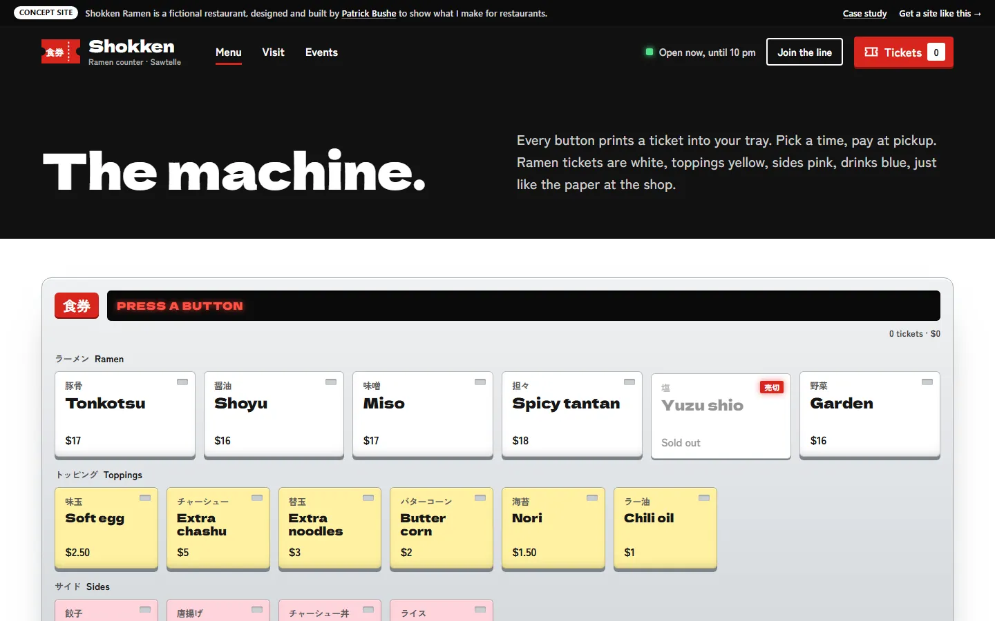 Shokken Ramen: The ticket machine on a desktop screen