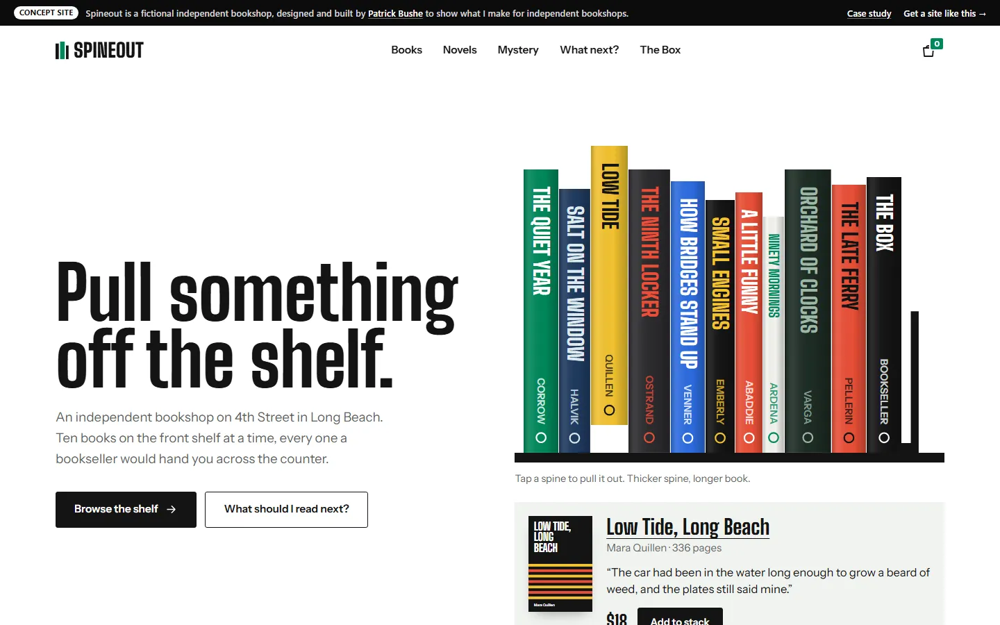 Spineout home page on a desktop screen