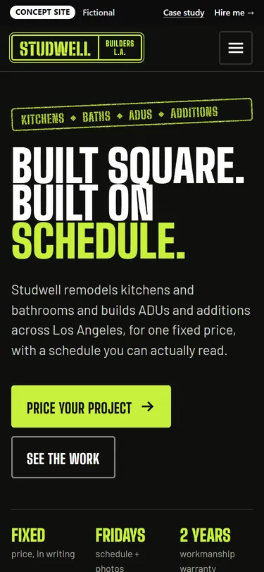 Studwell Builders home page on a phone