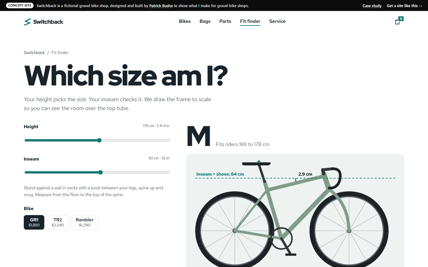 Switchback: Fit finder on a desktop screen