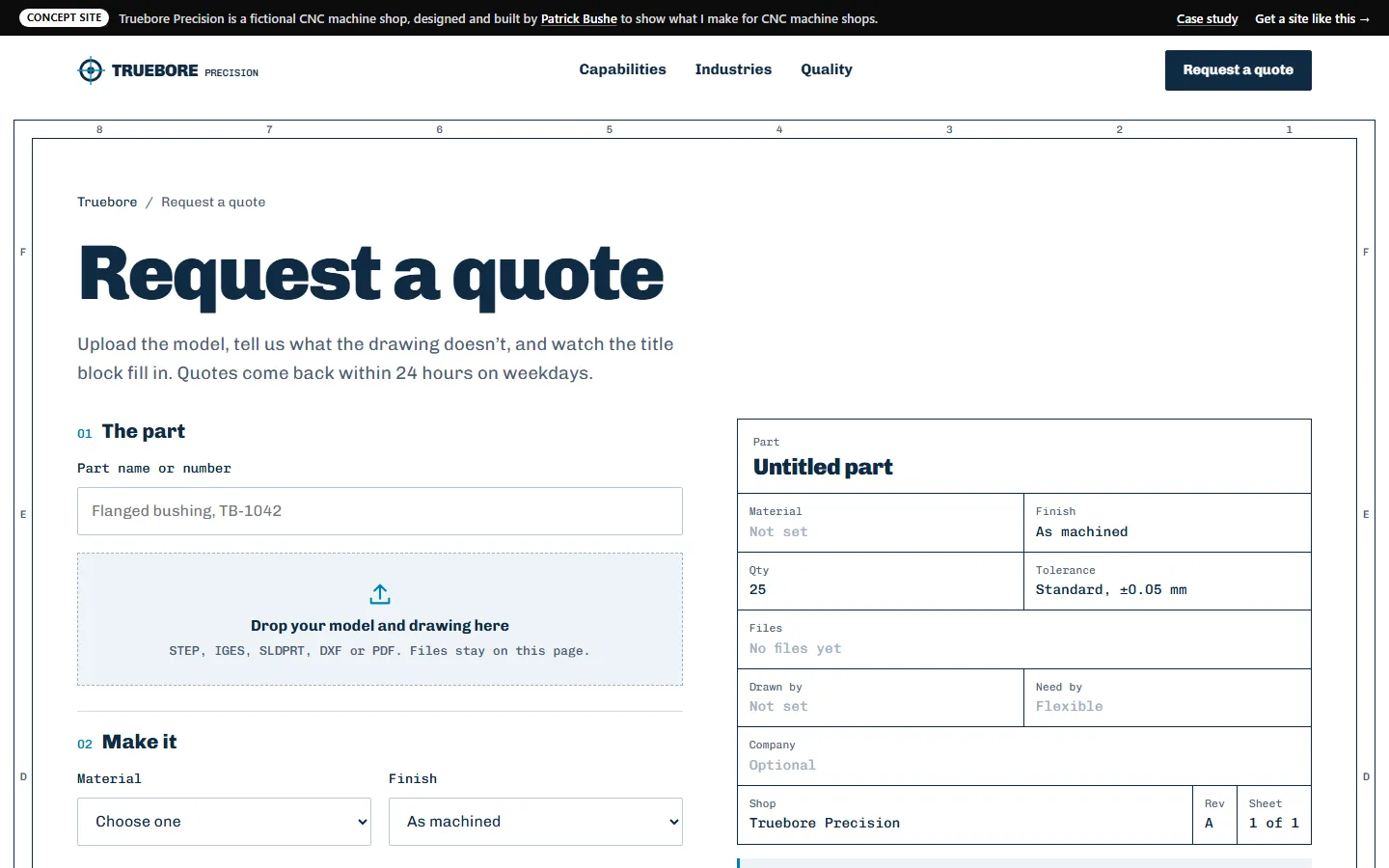 Truebore Precision: Request a quote on a desktop screen