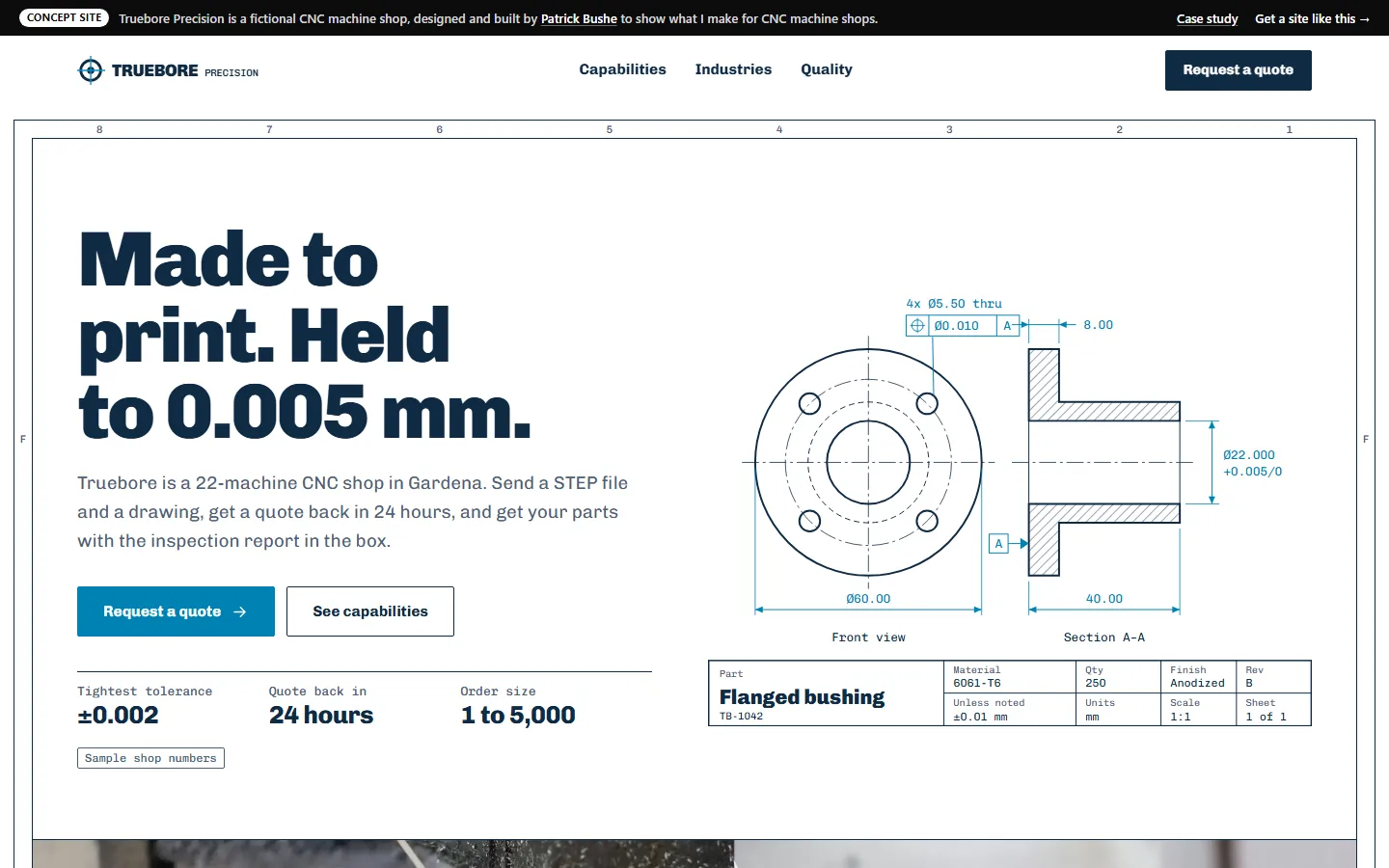 Truebore Precision home page on a desktop screen