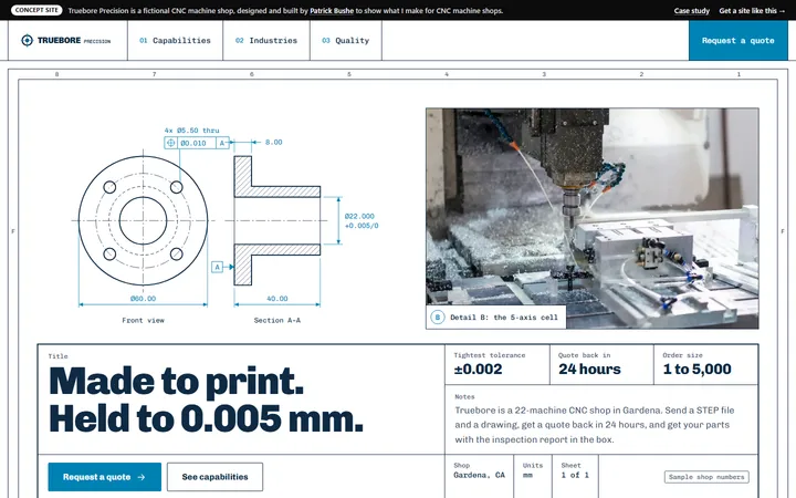 Truebore Precision concept site, home page