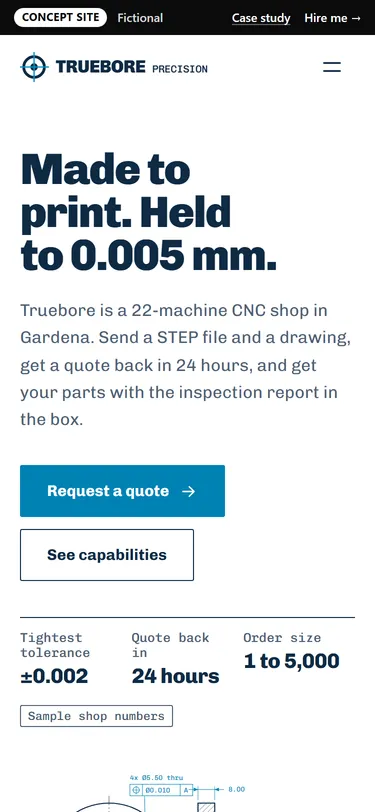 Truebore Precision home page on a phone